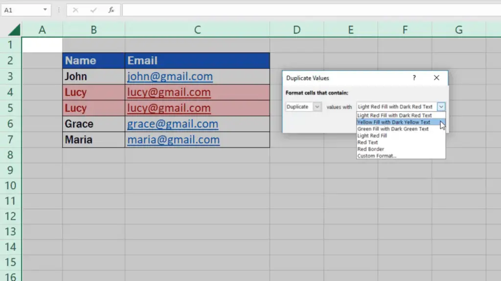 How to find duplicates in Excel - choose color of duplicates