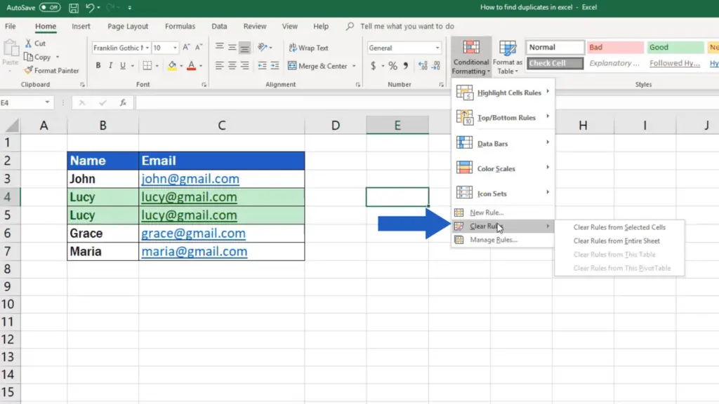 How to find duplicates in Excel - turn off highlighting of duplicates