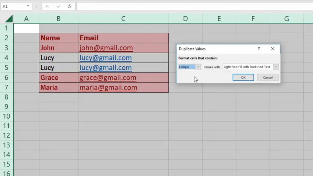 How to find duplicates in Excel - unique values