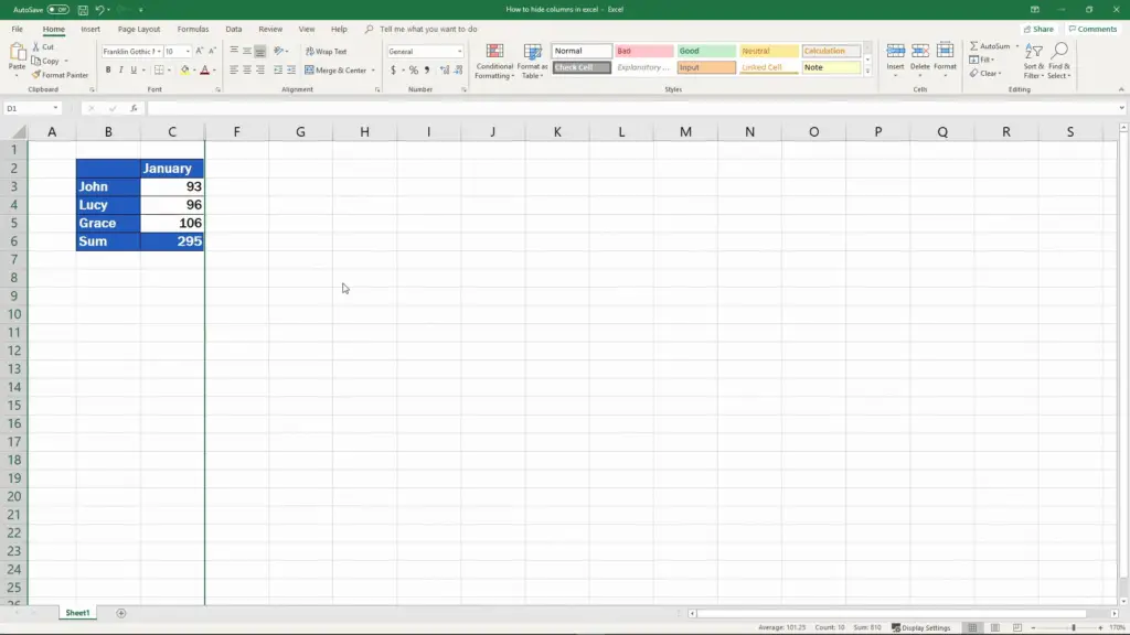 How to hide columns in excel - hidden columns