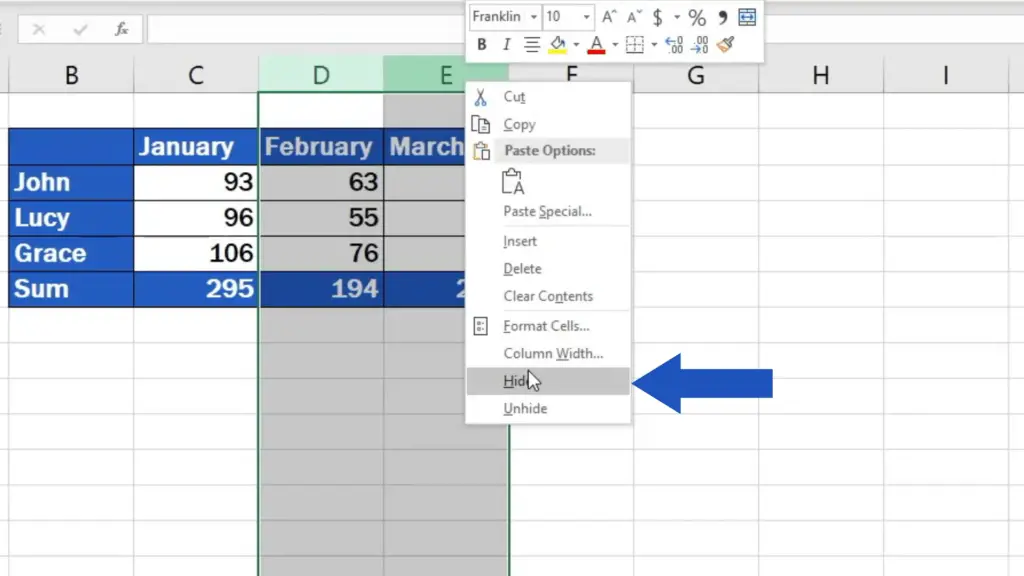 How to hide columns in excel - hide option
