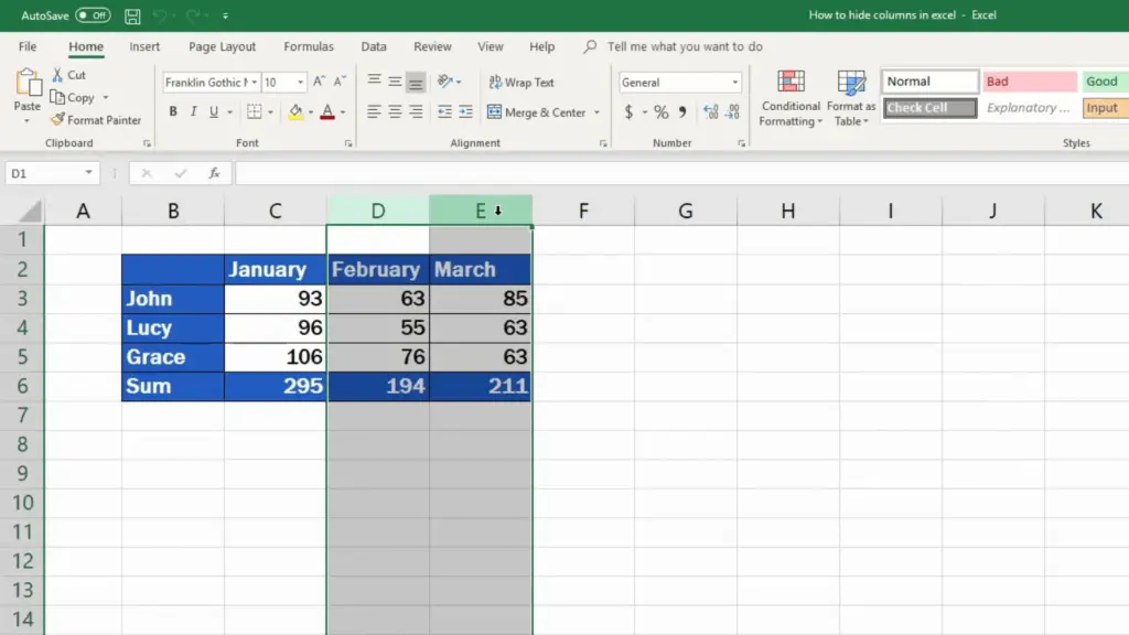How to hide columns in excel - selected columns