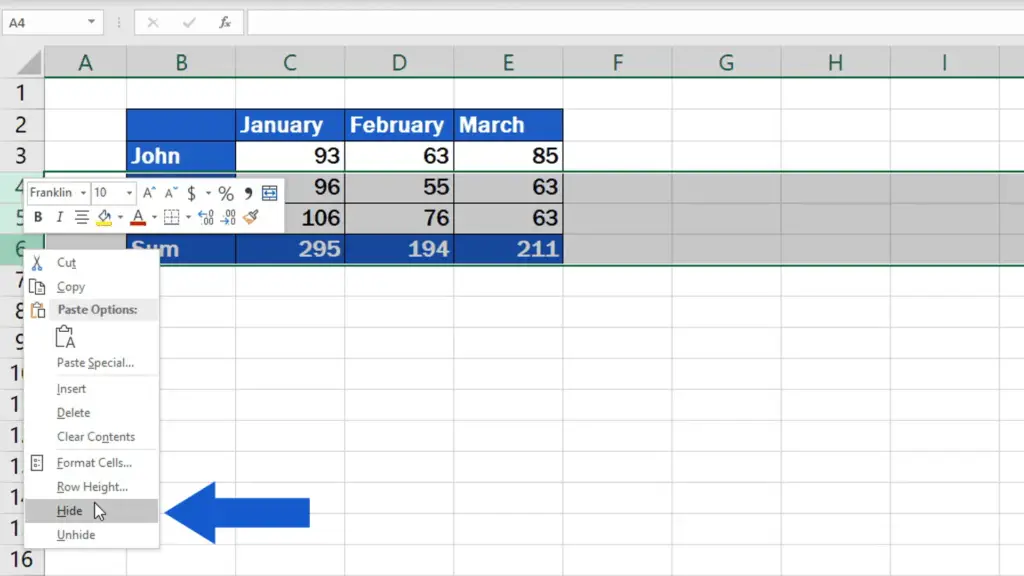 How to hide rows in Excel - hide option