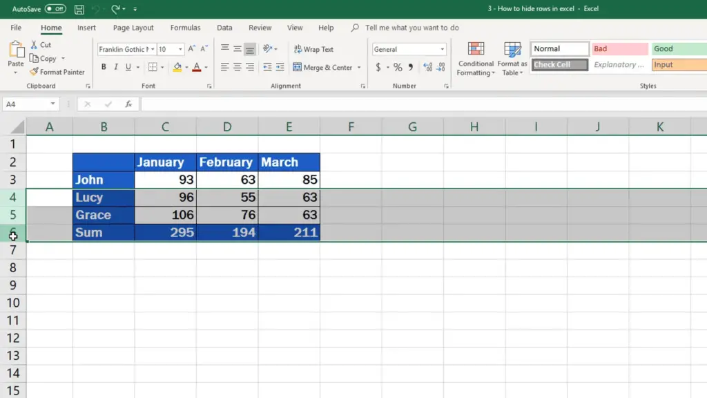 How to hide rows in Excel - select rows you want to hide