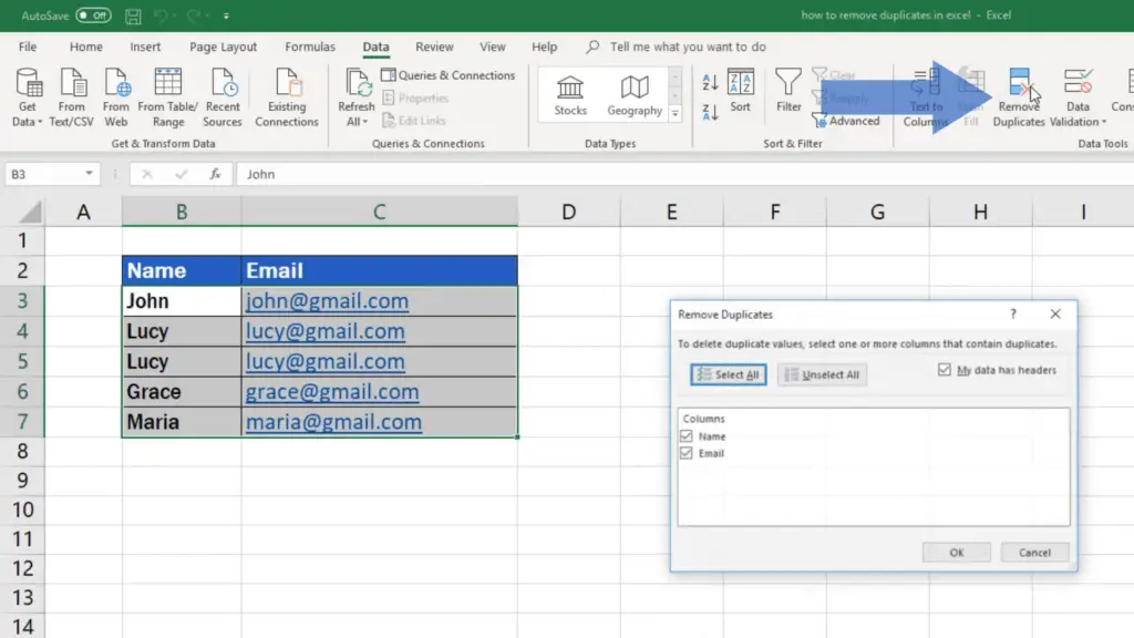 How to remove duplicates in Excel - area where you want remove duplicates