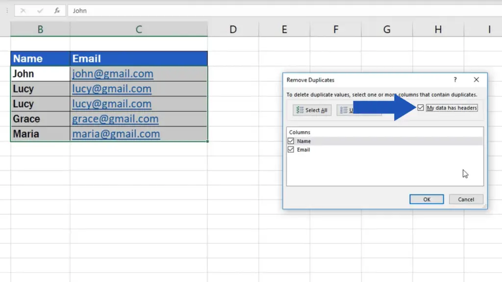 How to remove duplicates in Excel - my data has headers