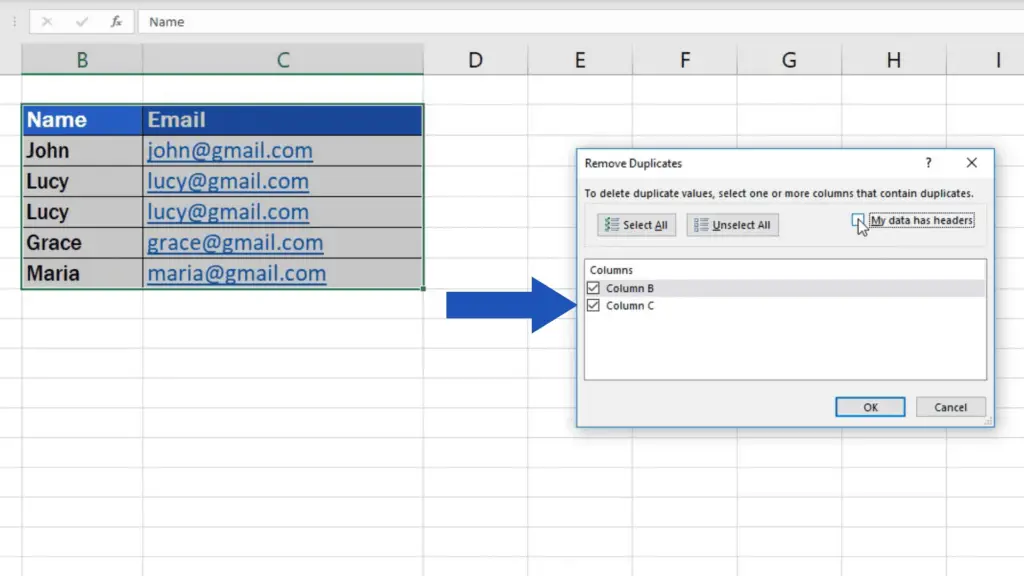 How to remove duplicates in Excel - my data has no header