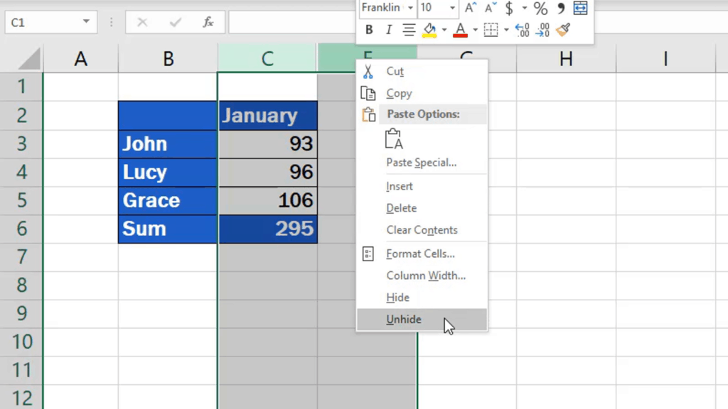 How to unhide columns in excel - one way of hiding columns