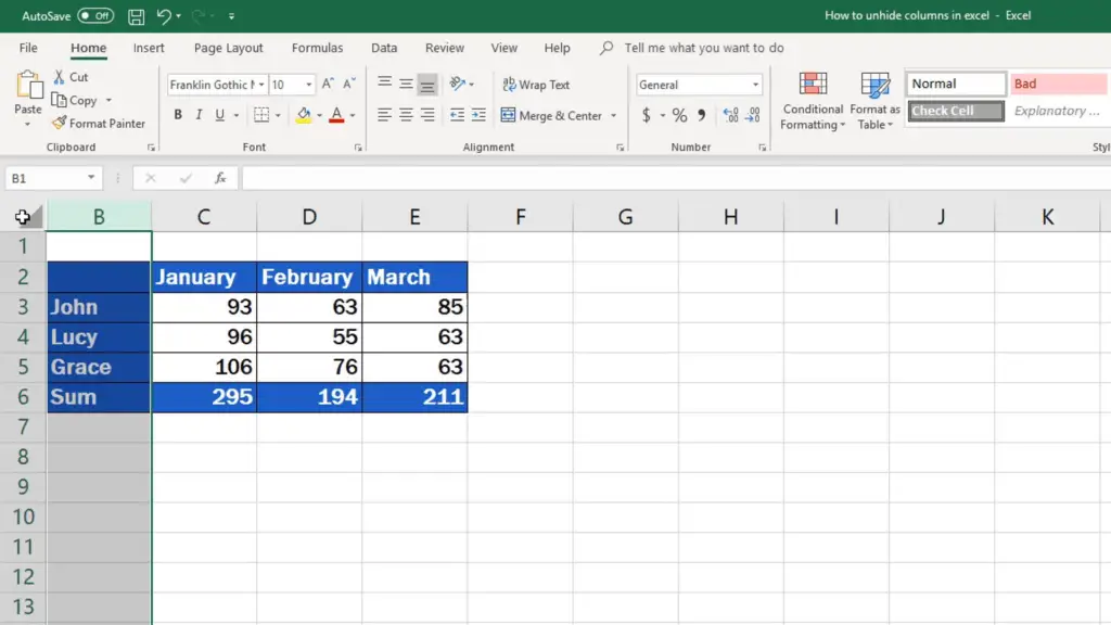 unhide first column in excel 2013