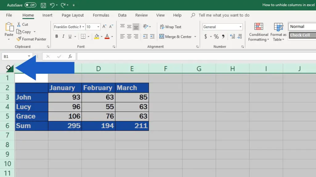 How to unhide columns in excel - unhide columns in whole spreadsheet