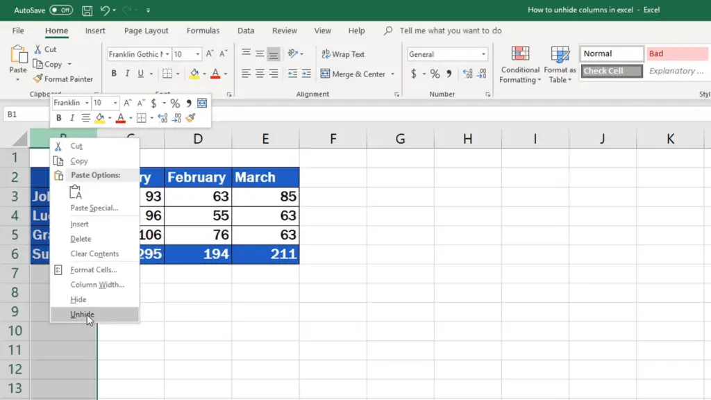 How to unhide columns in excel - way how to unhide first column