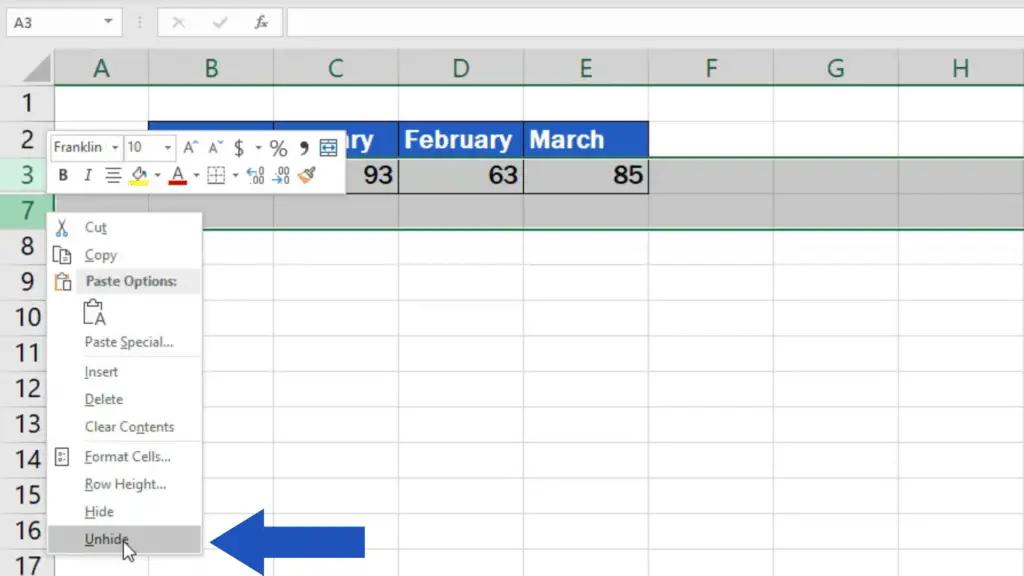 How to unhide rows in Excel - select hidden rows