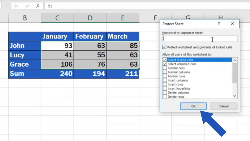 how to lock cells in Excel - activating locked and unlocked cells