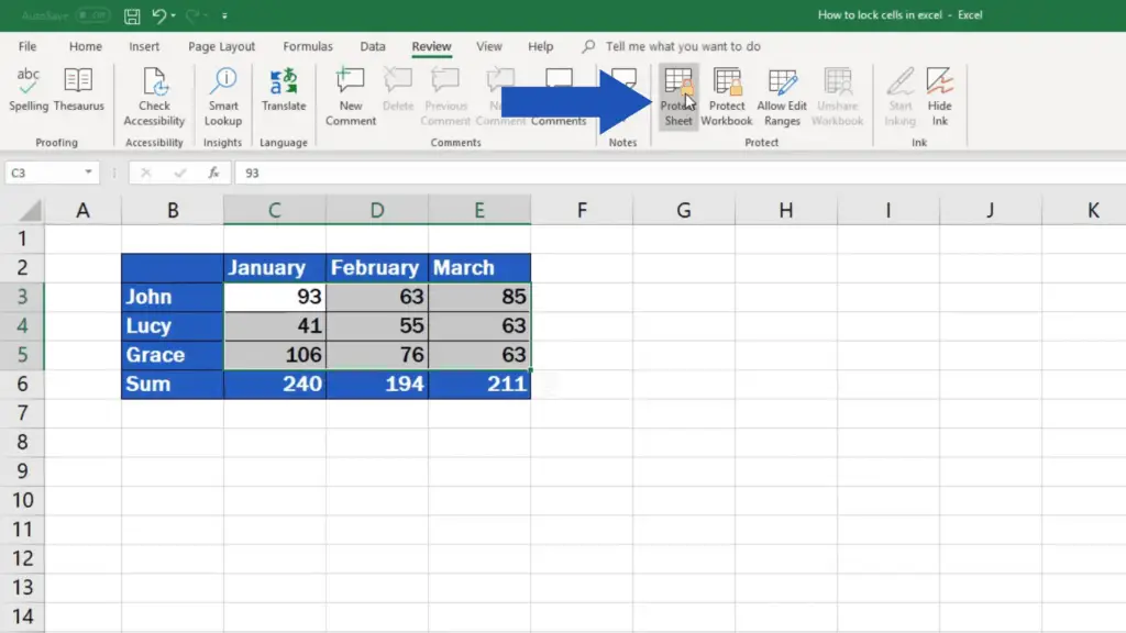 how to lock cells in Excel - turn on protect sheet