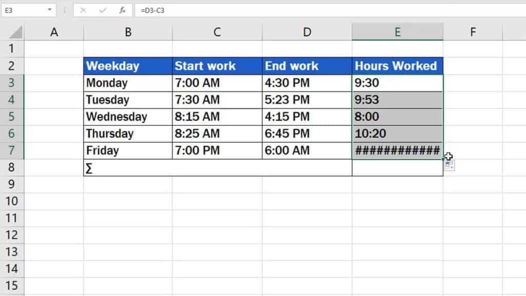 How to Calculate Hours Worked in Excel - calculation for more days