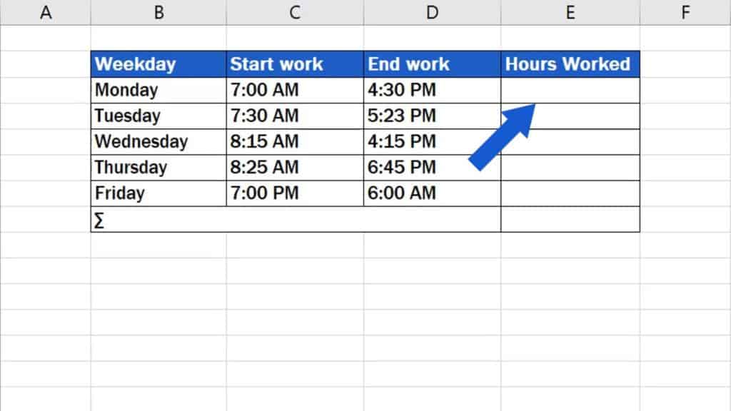 How to Calculate Hours Worked in Excel - in the table