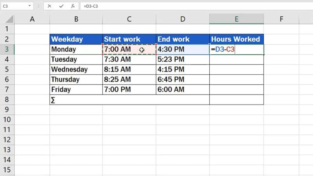 How to Calculate Hours Worked in Excel - substract time