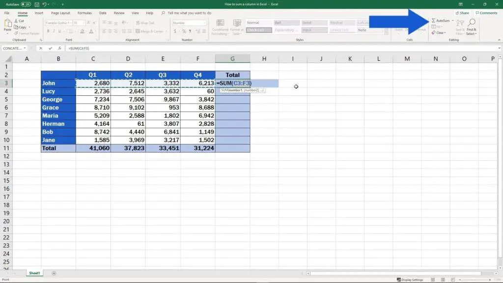 How to Sum a Column in Excel - autosum whole columns