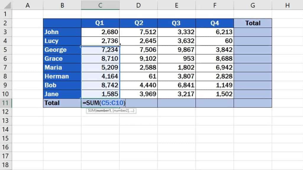 How to Sum a Column in Excel - select rows