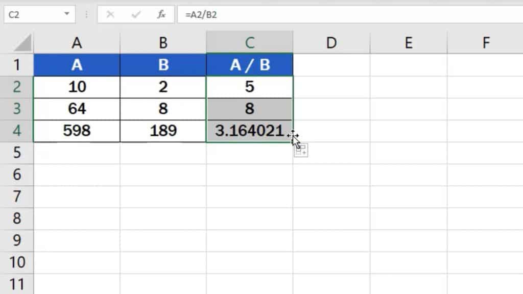 How to divide numbers in Excel (Basic way) - use one formula in more rows