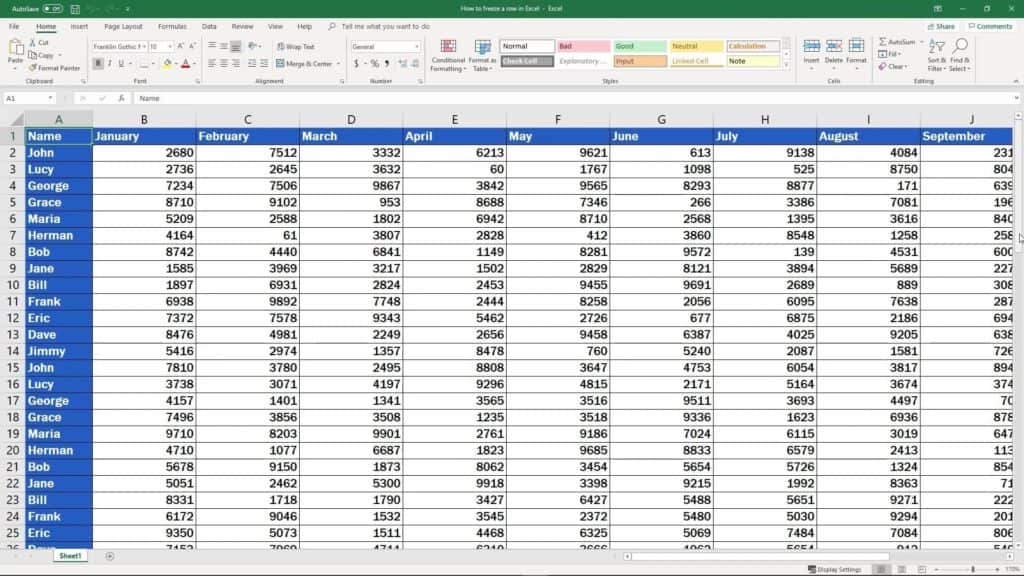 How to freeze a row in Excel - lots of data in the table