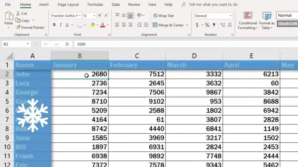 How to freeze rows in Excel - mark the rows and columns we want to freez