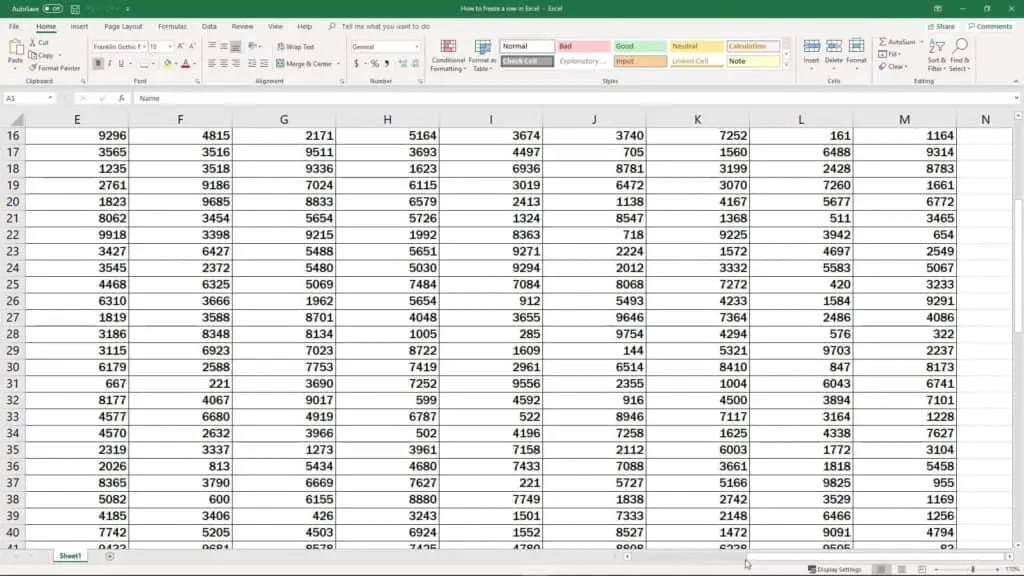 How to freeze a row in Excel - no visible headers