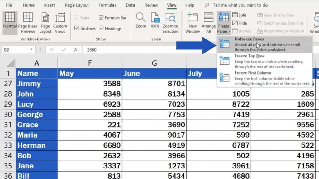 How to freeze rows in Excel - unfreeze panes