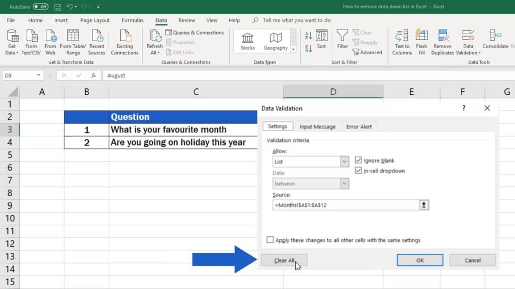 How to remove drop-down list in Excel - clear all