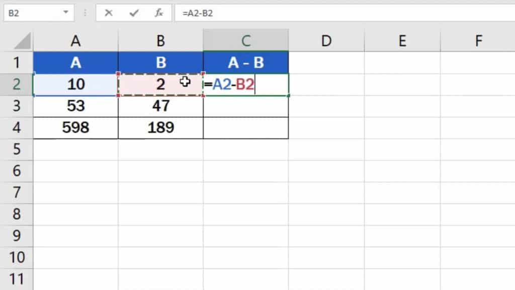 How to subtract numbers in Excel - put formula into the cell