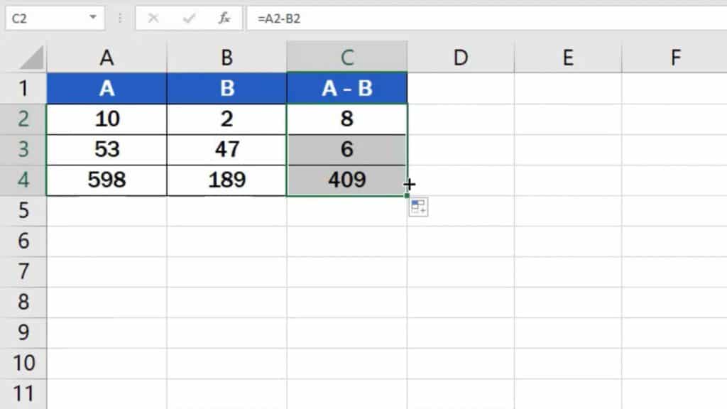 How to subtract numbers in Excel - use formula in whole column