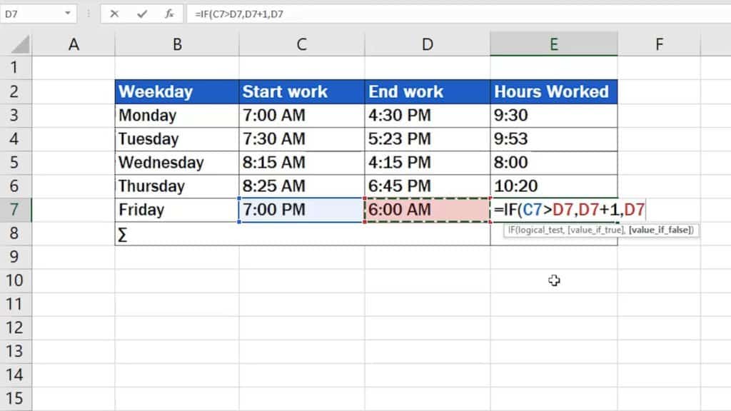 How to Calculate Hours Worked in Excel (Midnight Span) - value if false