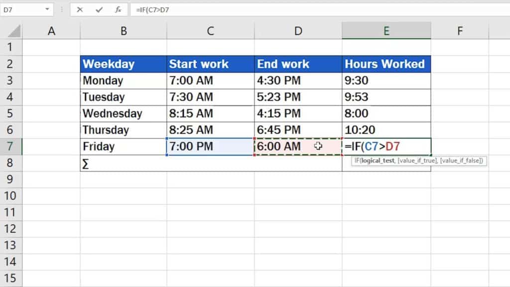 How to Calculate Hours Worked in Excel (Midnight Span) - value if true