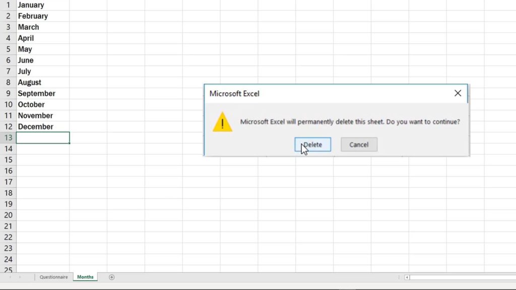 How to Delete Sheet in Excel - waring of deleting data