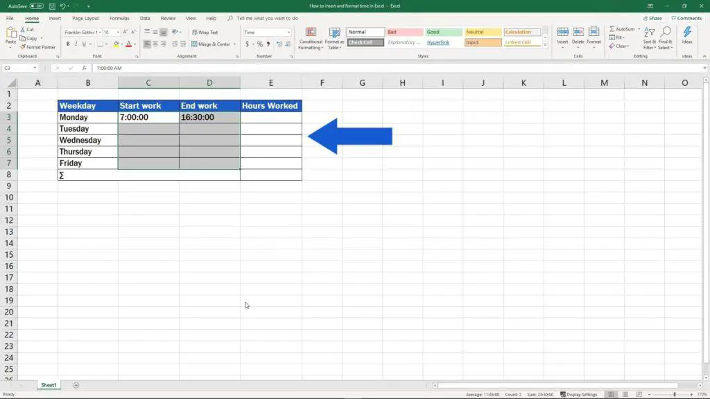 How to Insert and Format Time in Excel - calulate hours worked