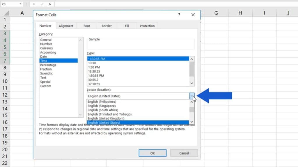 How to Insert and Format Time in Excel - country-specific time format