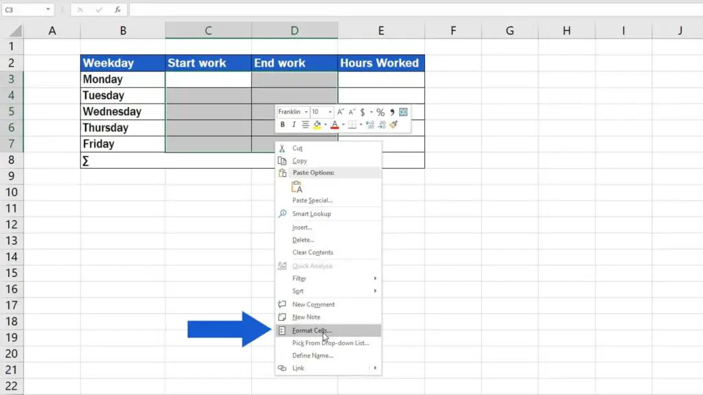 How to Insert and Format Time in Excel - select cells