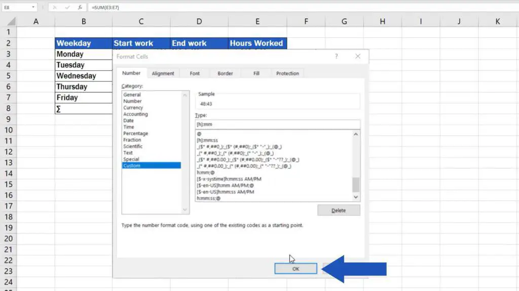 How to Sum Time in Excel - time format used