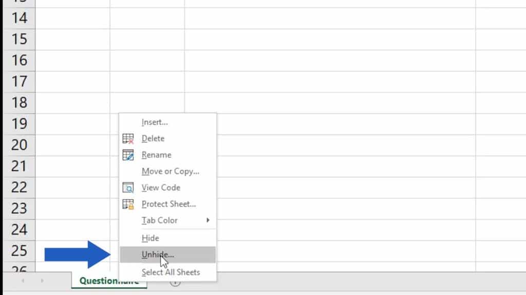 How to Unhide Sheet in Excel - select unhide sheet