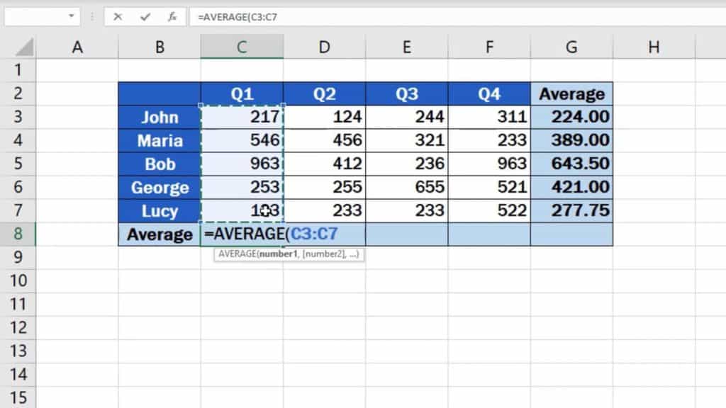 How to Calculate the Average in Excel - average for every individual employee