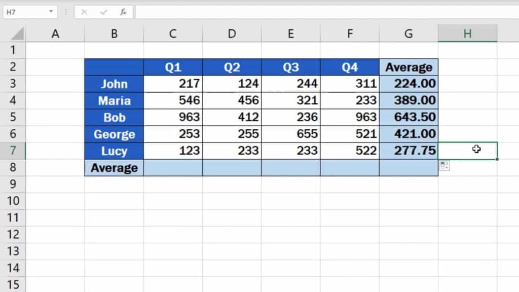 How to Calculate the Average in Excel - averages for quarters