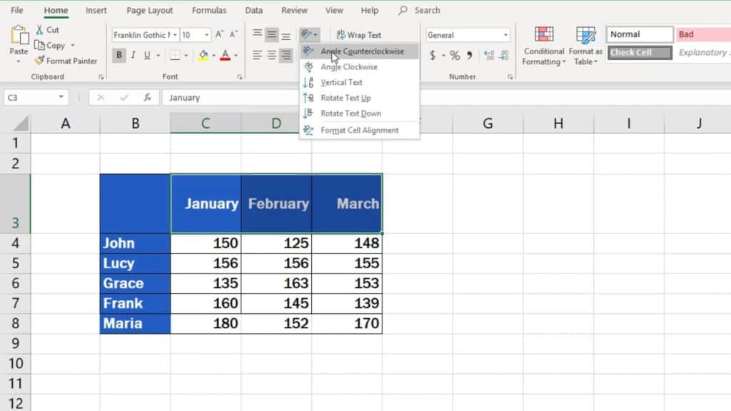 How to Change Text Direction in Excel - predefined option