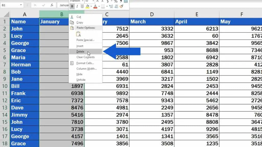 How to Delete Columns in Excel - delete option