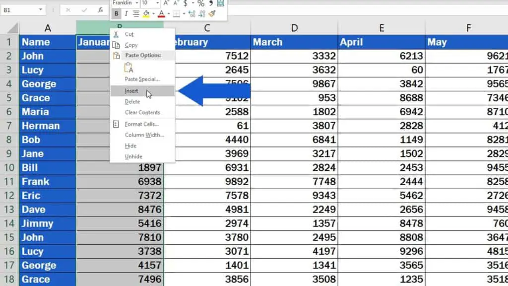 How to Insert Column in Excel - insert option
