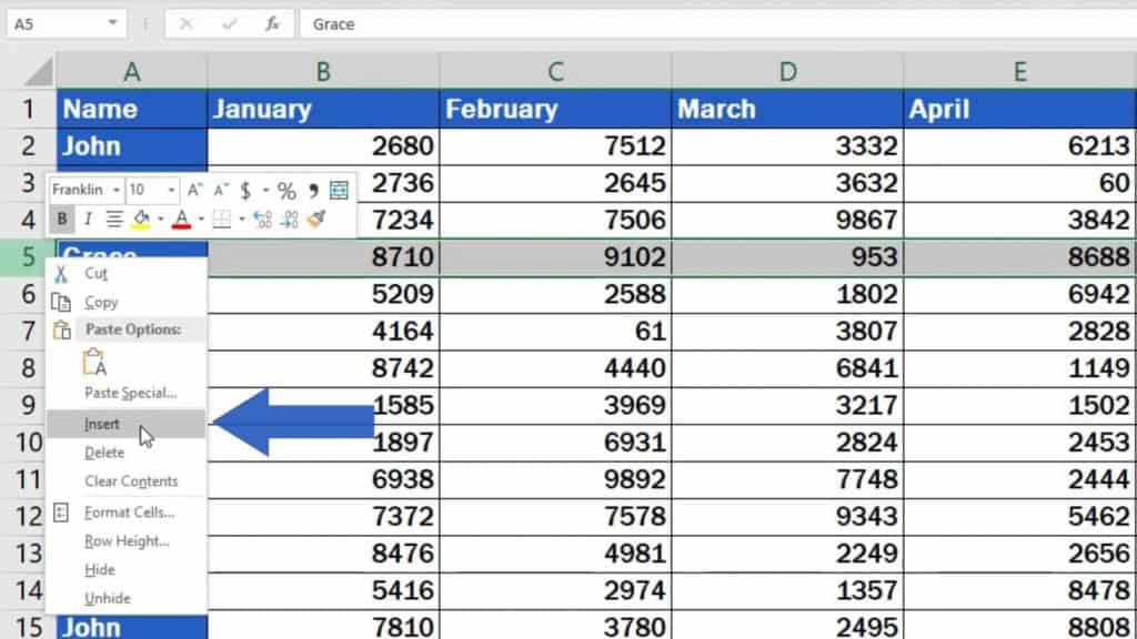 How to Insert Row in Excel - insert option