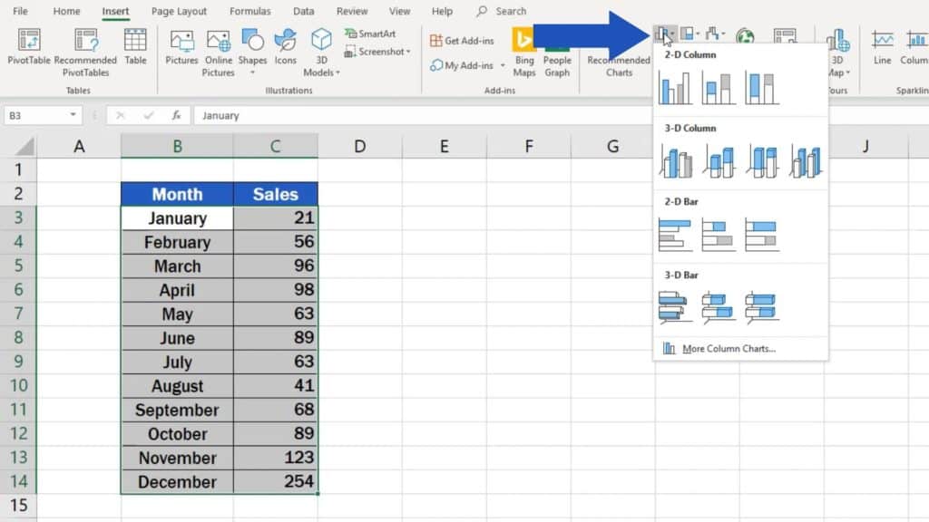 How to Make a Bar Graph in Excel - bar graph option