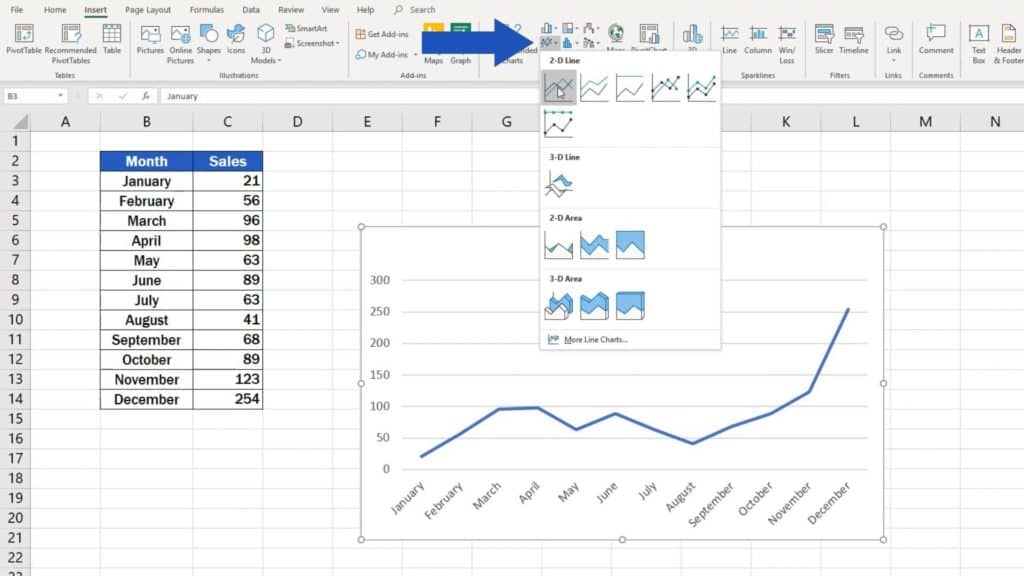 How to Make a Line Graph in Excel - line graph option