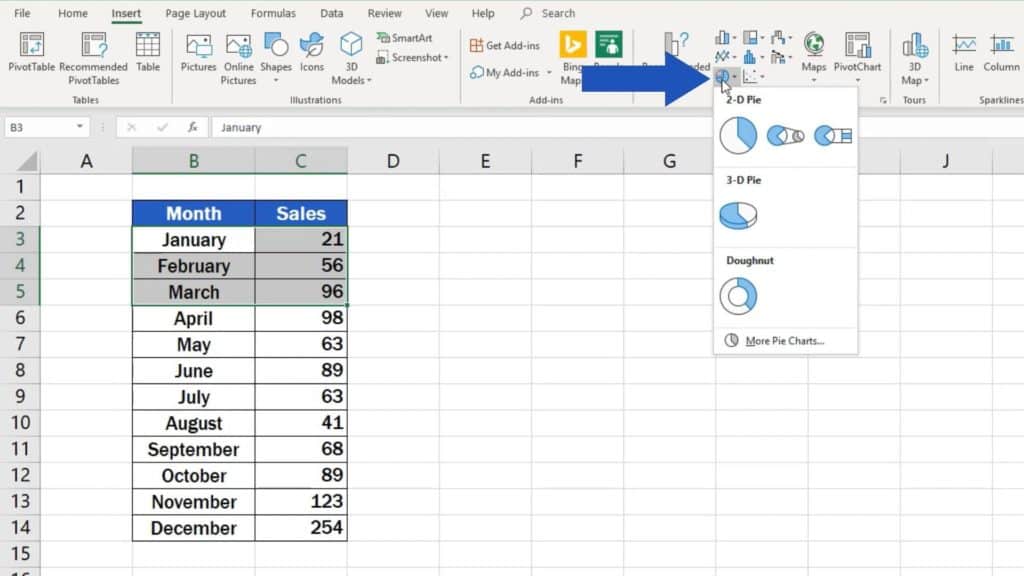 How to Make a Pie Chart in Excel - pie chart option