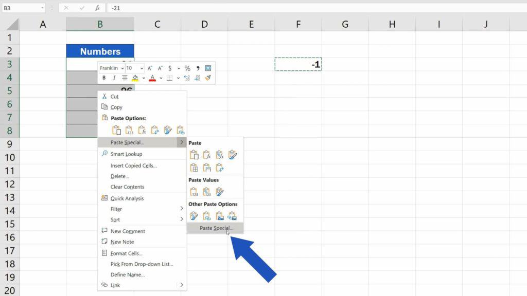 How to Change Negative Numbers to Positive in Excel - choose option paste special