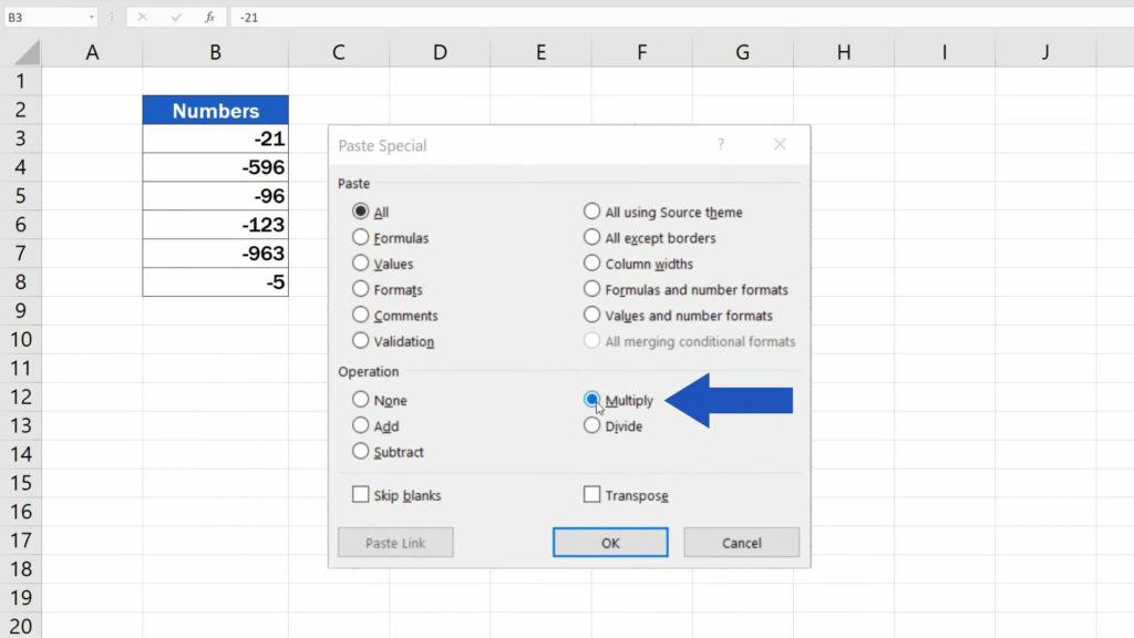 How to Change Negative Numbers to Positive in Excel - multiply option
